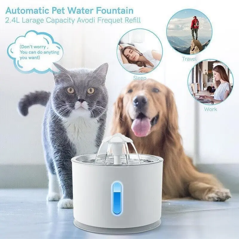 Led Automatic Electric Pet Water Fountain Cat/Dog Drinking Bowl Waterfall 2.4Lau