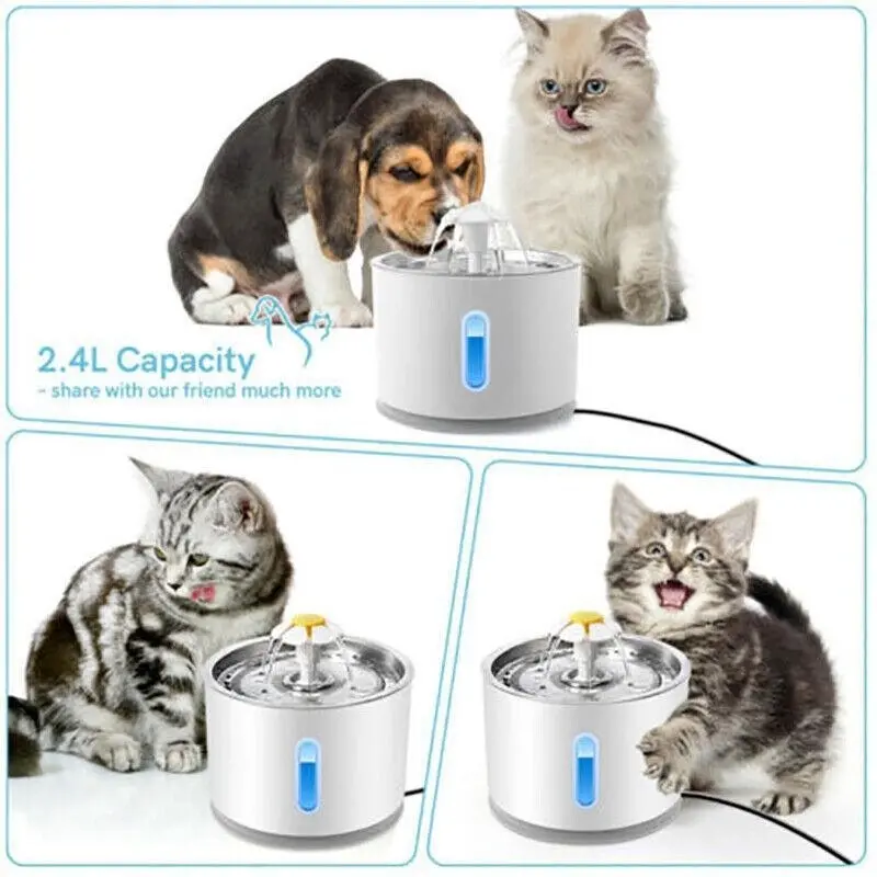 Led Automatic Electric Pet Water Fountain Cat/Dog Drinking Bowl Waterfall 2.4Lau