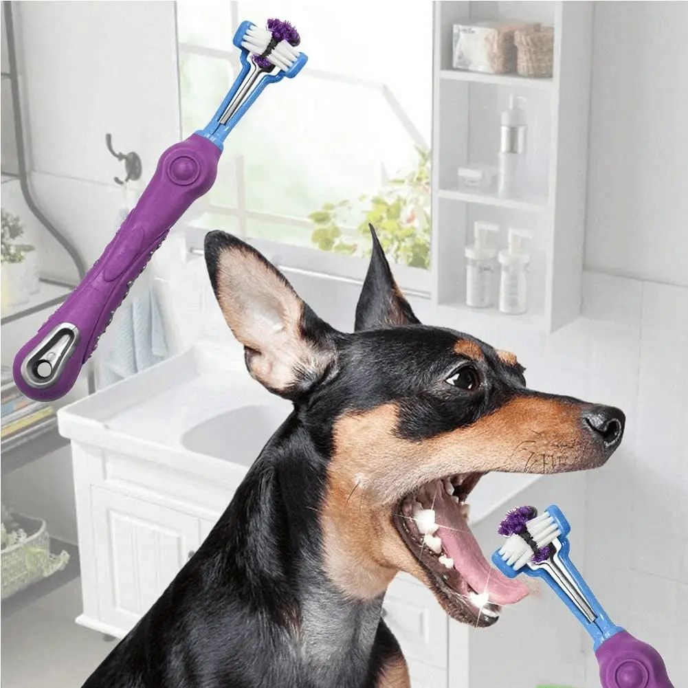 3-Sided Pet Toothbrush Dog Removing Bad Tartar Breath Dental Cleaning Mouth