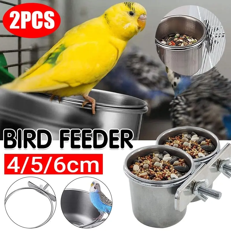 2X 4/5/6Cm Parrot Pet Stainless Steel Food Water Bowl Bird Feeder Crate Cage