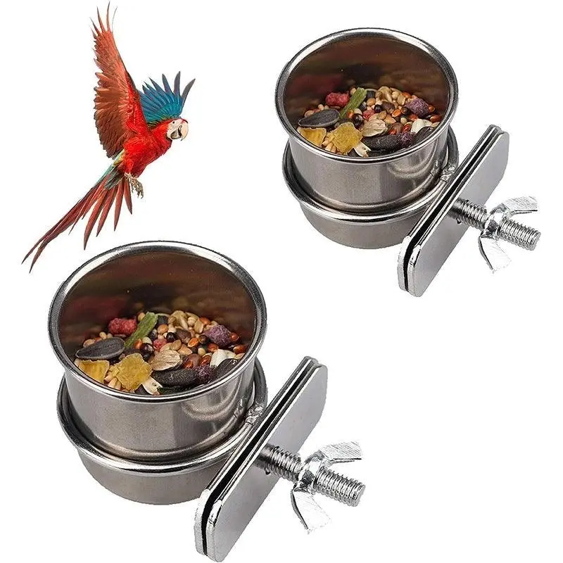 2X 4/5/6Cm Parrot Pet Stainless Steel Food Water Bowl Bird Feeder Crate Cage