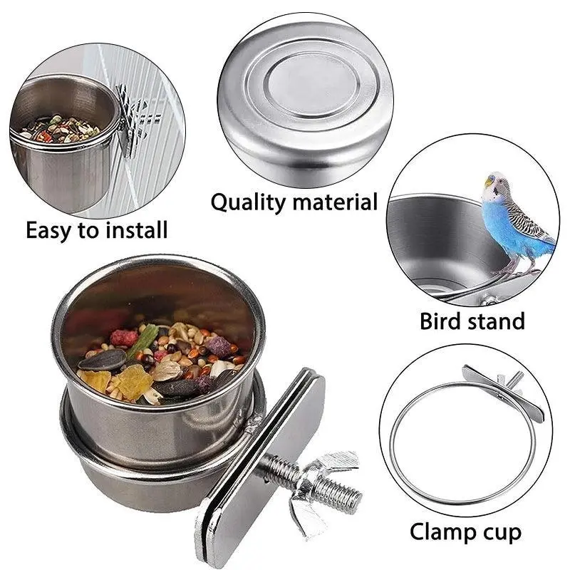 2X 4/5/6Cm Parrot Pet Stainless Steel Food Water Bowl Bird Feeder Crate Cage