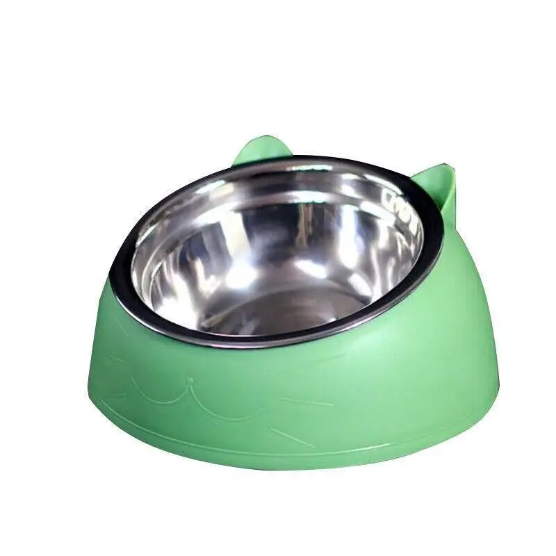 Pet Dog Cat Food Bowl Raised No Slip Stainless Steel Tilted Water Food Feeder