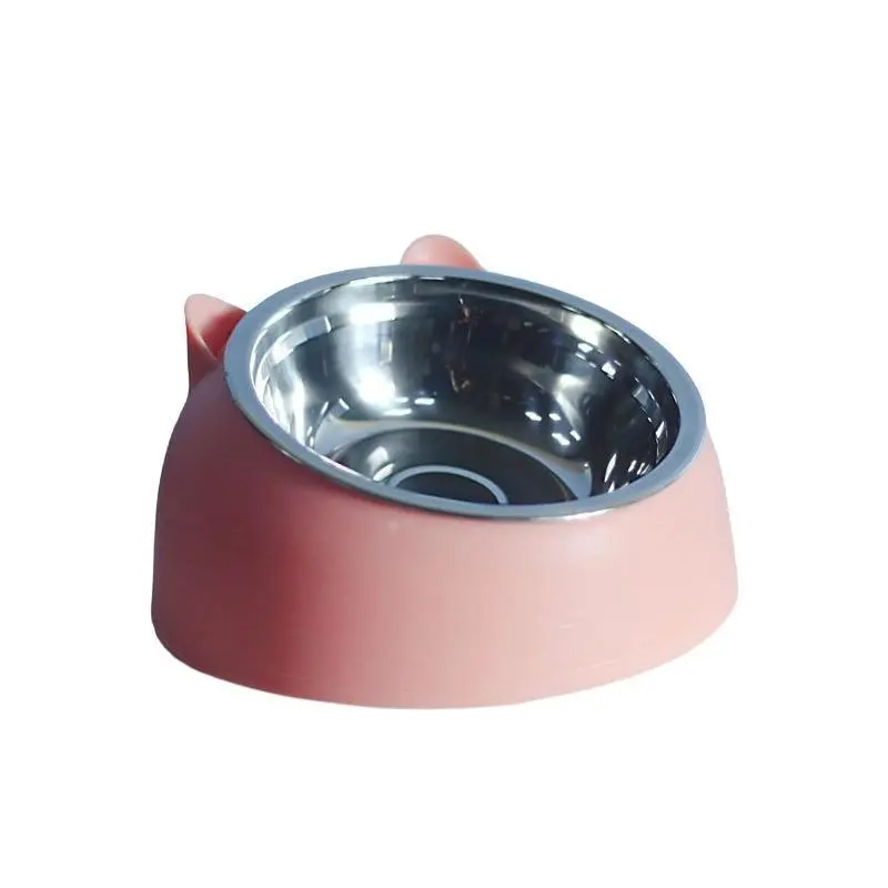 Pet Dog Cat Food Bowl Raised No Slip Stainless Steel Tilted Water Food Feeder