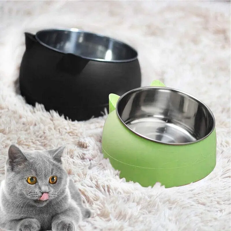 Pet Dog Cat Food Bowl Raised No Slip Stainless Steel Tilted Water Food Feeder