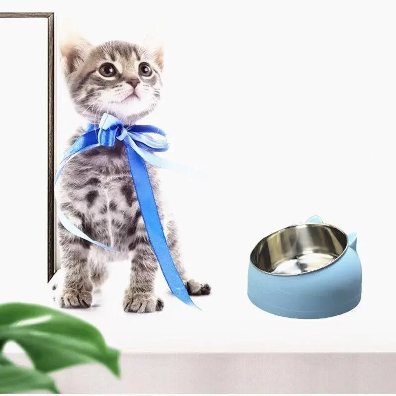 Pet Dog Cat Food Bowl Raised No Slip Stainless Steel Tilted Water Food Feeder