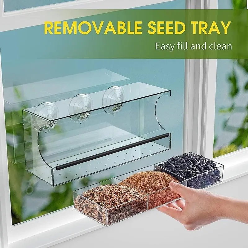 Large All Weather Clear Acrylic Window Bird Feeder With Tray & Drain Holes