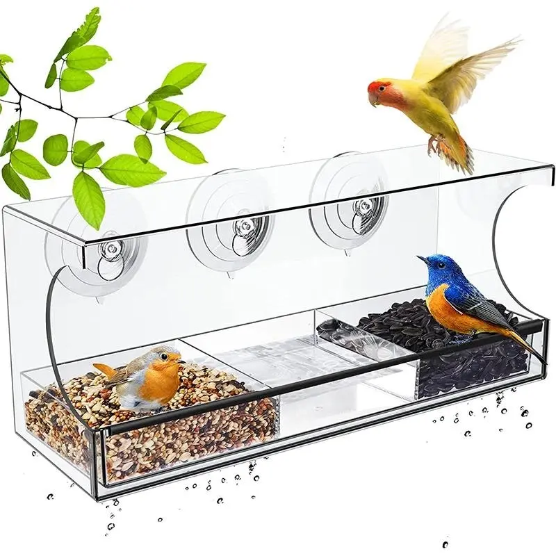 Large All Weather Clear Acrylic Window Bird Feeder With Tray & Drain Holes