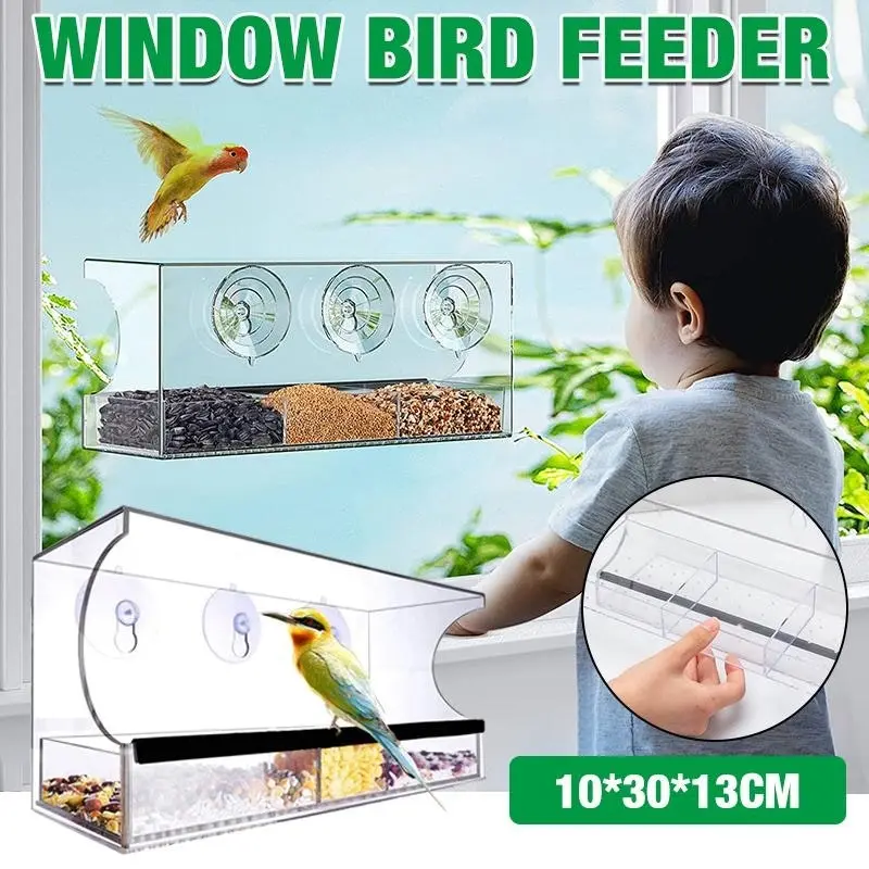 Large All Weather Clear Acrylic Window Bird Feeder With Tray & Drain Holes