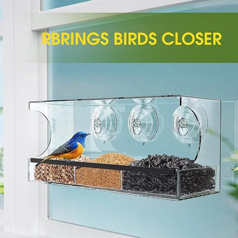 Large All Weather Clear Acrylic Window Bird Feeder With Tray & Drain Holes