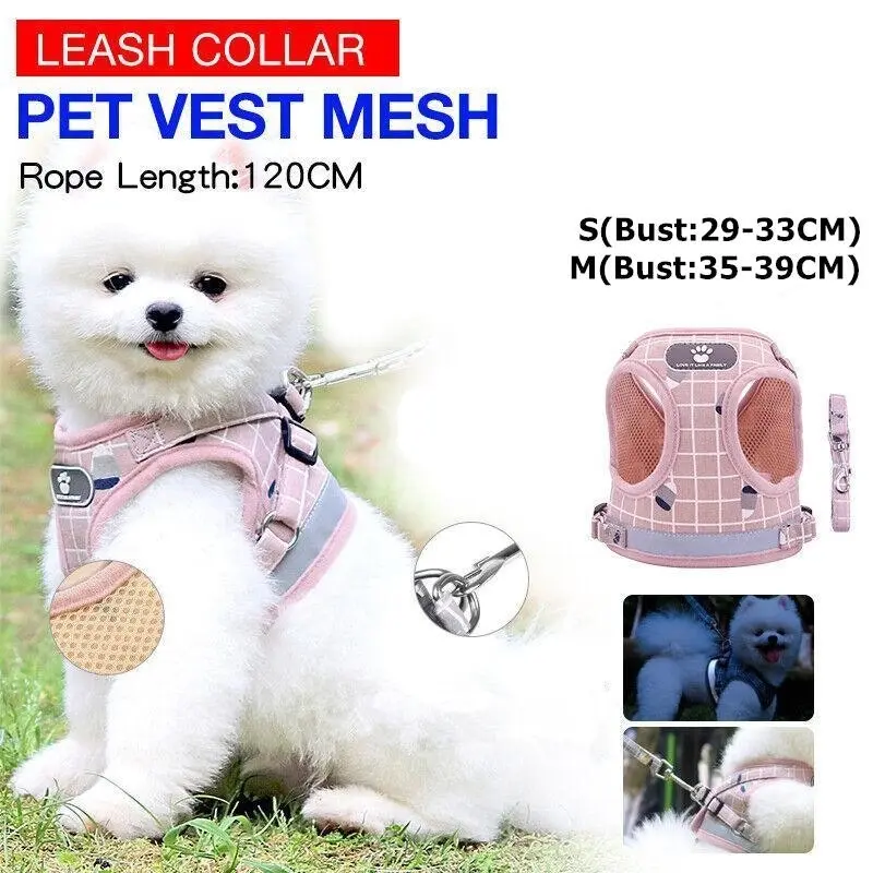 Pink Kitten Dog Cat Walking Harness Lead Leash Collar Pet Vest Mesh Adjustable