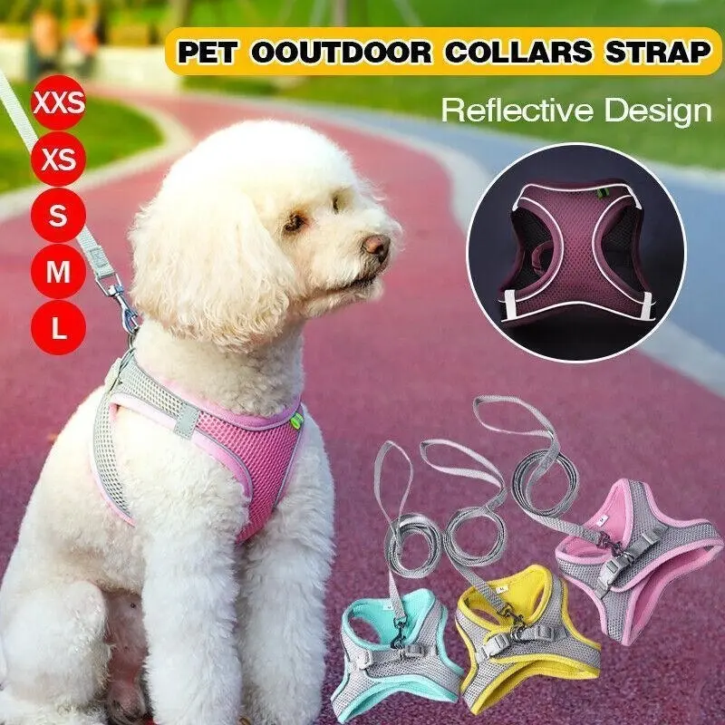 Pet Dog Harness Adjustable Reflective Breathable Outdoor Collars Strap Cat Leash Pink