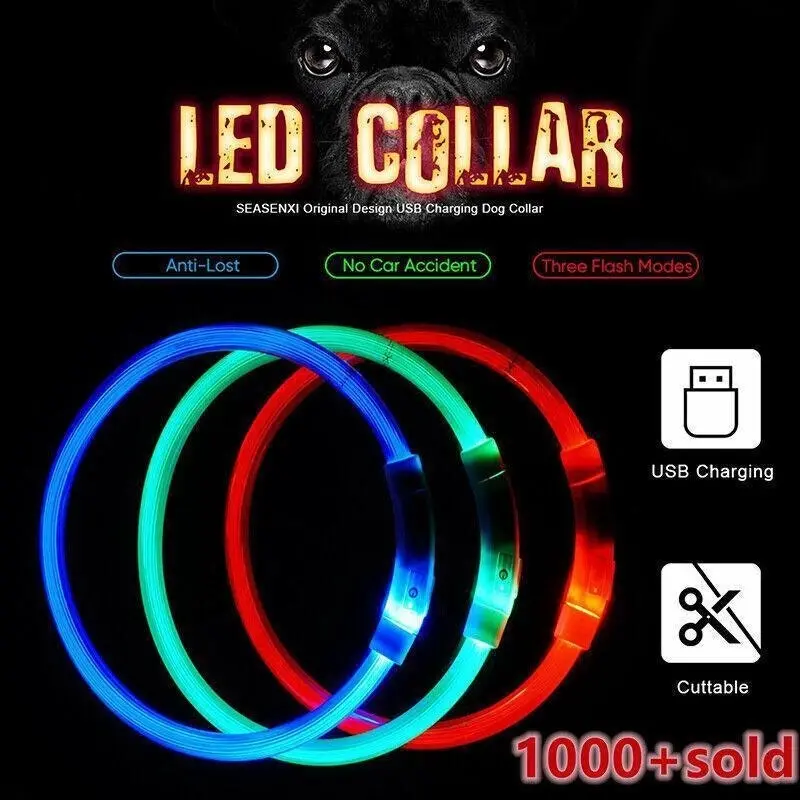 USB Rechargeable LED Dog Collar Night Glow Flashing Light Up Safety Pet Collars M Size