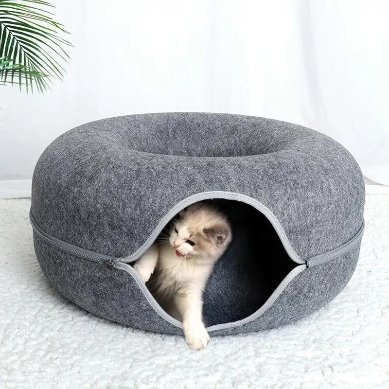 Cat Tunnel Bed Felt Pet Puppy Nest Cave House Round Donut Interactive Play Toy S Size