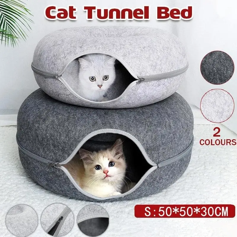 Cat Tunnel Bed Felt Pet Puppy Nest Cave House Round Donut Interactive Play Toy S Size