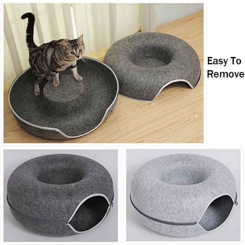 Cat Tunnel Bed Felt Pet Puppy Nest Cave House Round Donut Interactive Play Toy S Size