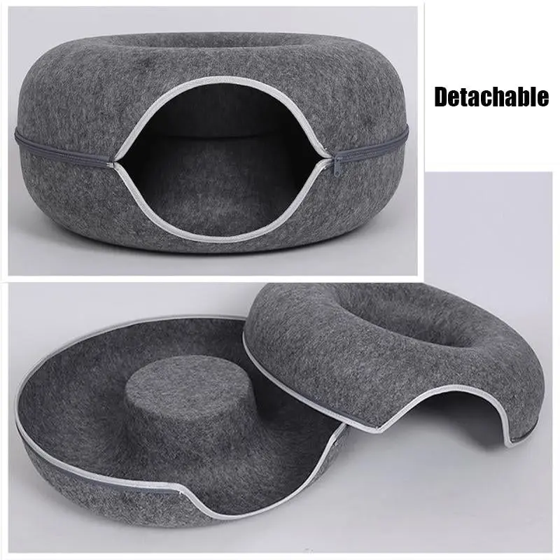 Cat Tunnel Bed Felt Pet Puppy Nest Cave House Round Donut Interactive Play Toy S Size