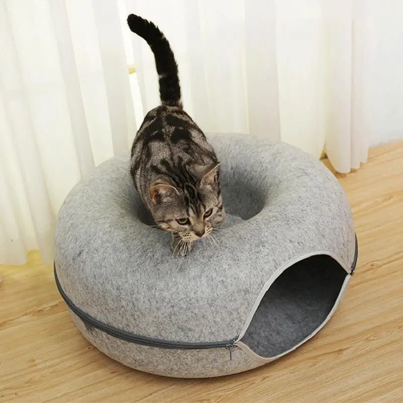 Cat Tunnel Bed Felt Pet Puppy Nest Cave House Round Donut Interactive Play Toy S Size