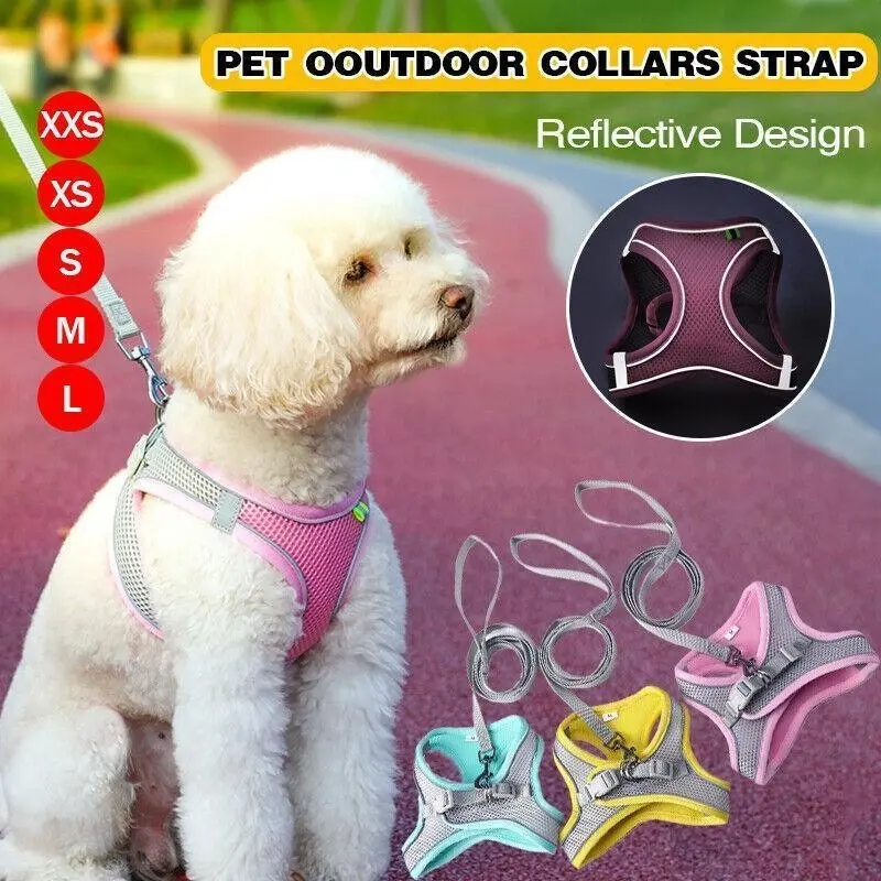 Pet Dog Harness Adjustable Reflective Breathable Outdoor Collars Strap Cat Leash Green