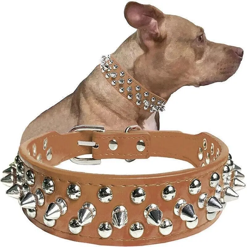 M Size Dog Collar Leather Studded Black Brown Small Medium Large Breeds Pet Melbourne