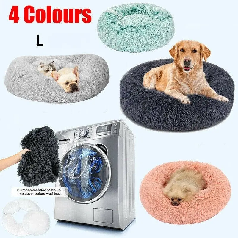 L-70CM Dog Cat Pet Calming Bed Washable ZIPPER Cover Warm Soft Plush Round Sleeping