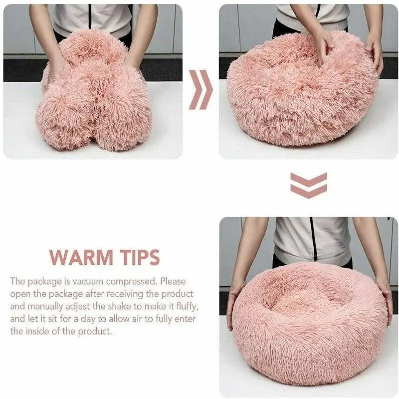 S-50CM Dog Cat Calming Bed Washable ZIPPER Cover Warm Soft Plush Round Sleeping