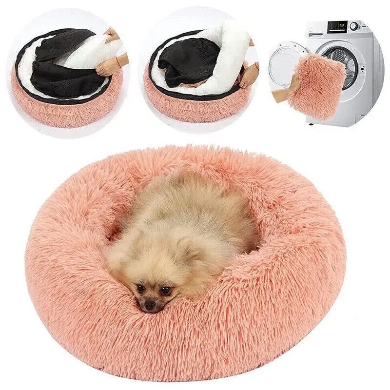 S-50CM Dog Cat Calming Bed Washable ZIPPER Cover Warm Soft Plush Round Sleeping