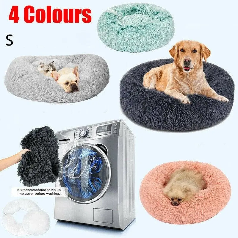 S-50CM Dog Cat Calming Bed Washable ZIPPER Cover Warm Soft Plush Round Sleeping