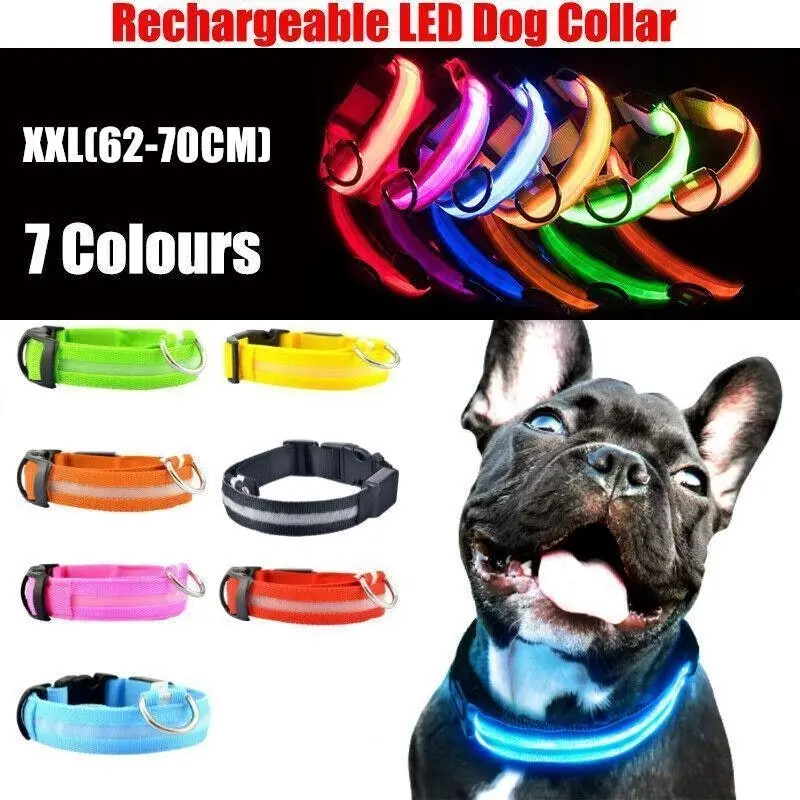 XXL Size USB Rechargeable LED Dog Collar Nylon Glow Flashing Light Up Safety