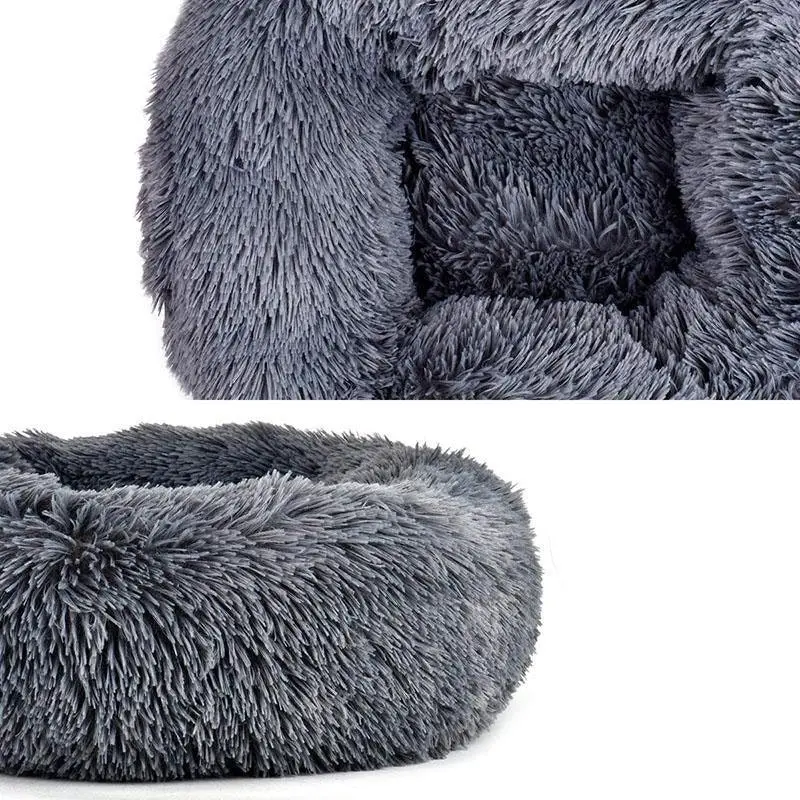 Dark Grey Cozy Plush Cat Dog Bed Soothing Donut Cushion Nest Washable Pet Sleeping Kennel