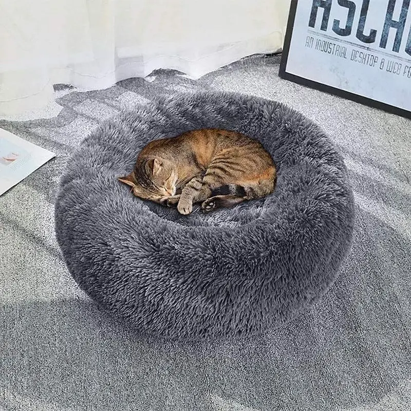 Dark Grey Cozy Plush Cat Dog Bed Soothing Donut Cushion Nest Washable Pet Sleeping Kennel