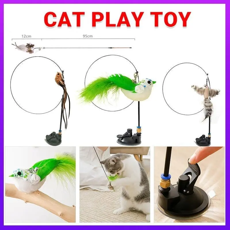 Cat Play Toy Simulation Birds Teaser Wand Interactive Stick with Suction Cup