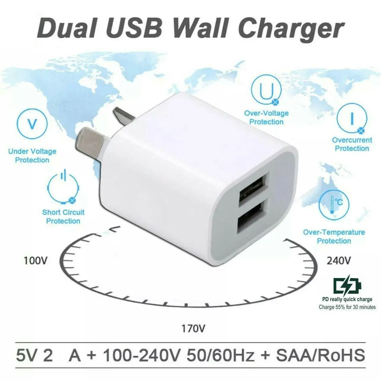 5V2A Dual Usb Wall Charger Au Plug Power Adapter Cable For Iphone 678 X 11 Ipad