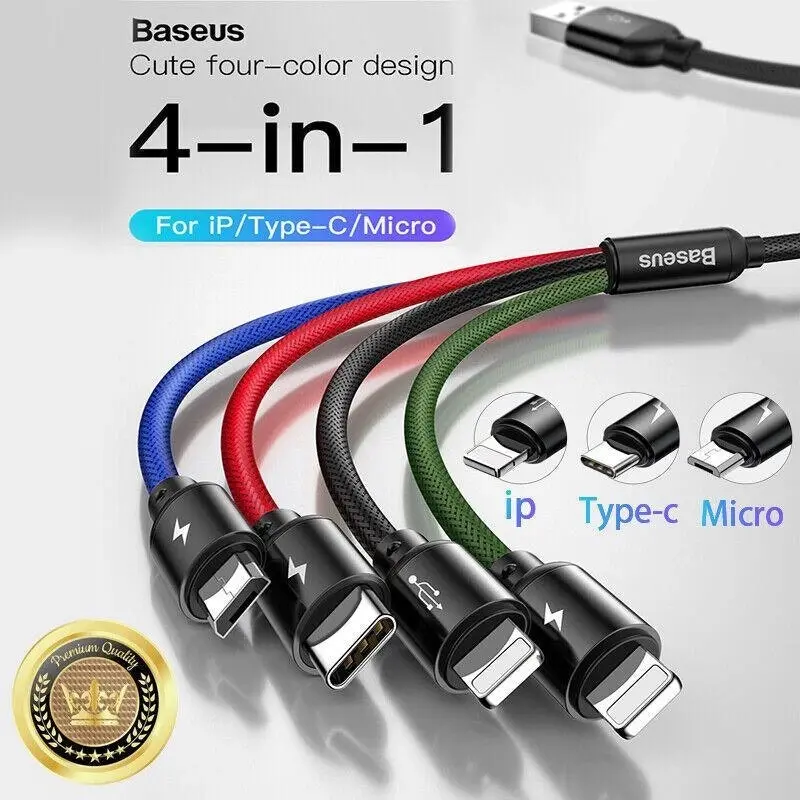 Baseus 4 In 1 Multi Usb Charger Charging Cable Cord For Iphone Micro Usb Android