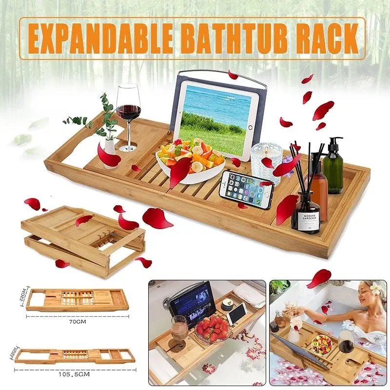 Expandable Bamboo Bath Caddy  Book Iphone Wineglass Holder Over Bathtub Rack Au