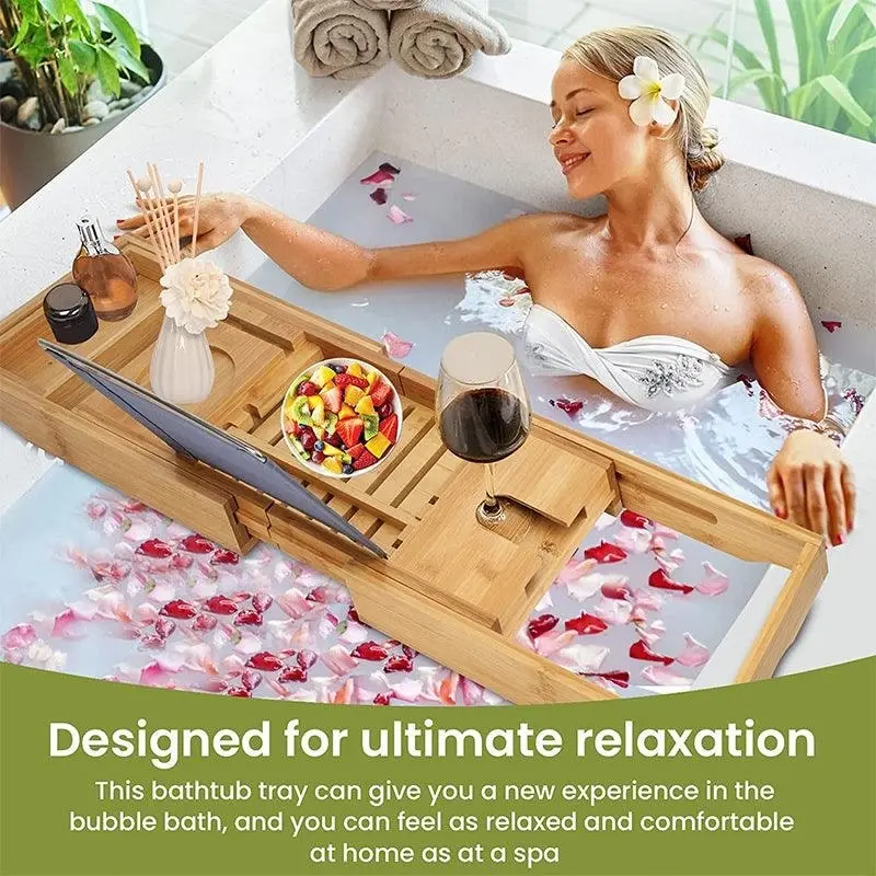 Expandable Bamboo Bath Caddy  Book Iphone Wineglass Holder Over Bathtub Rack Au