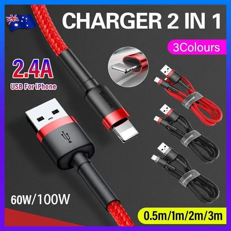 Red Black Genuine BASEUS 2.4A USB to Lighting Charging Cable Cord for iPhone 13 12 Pro XS