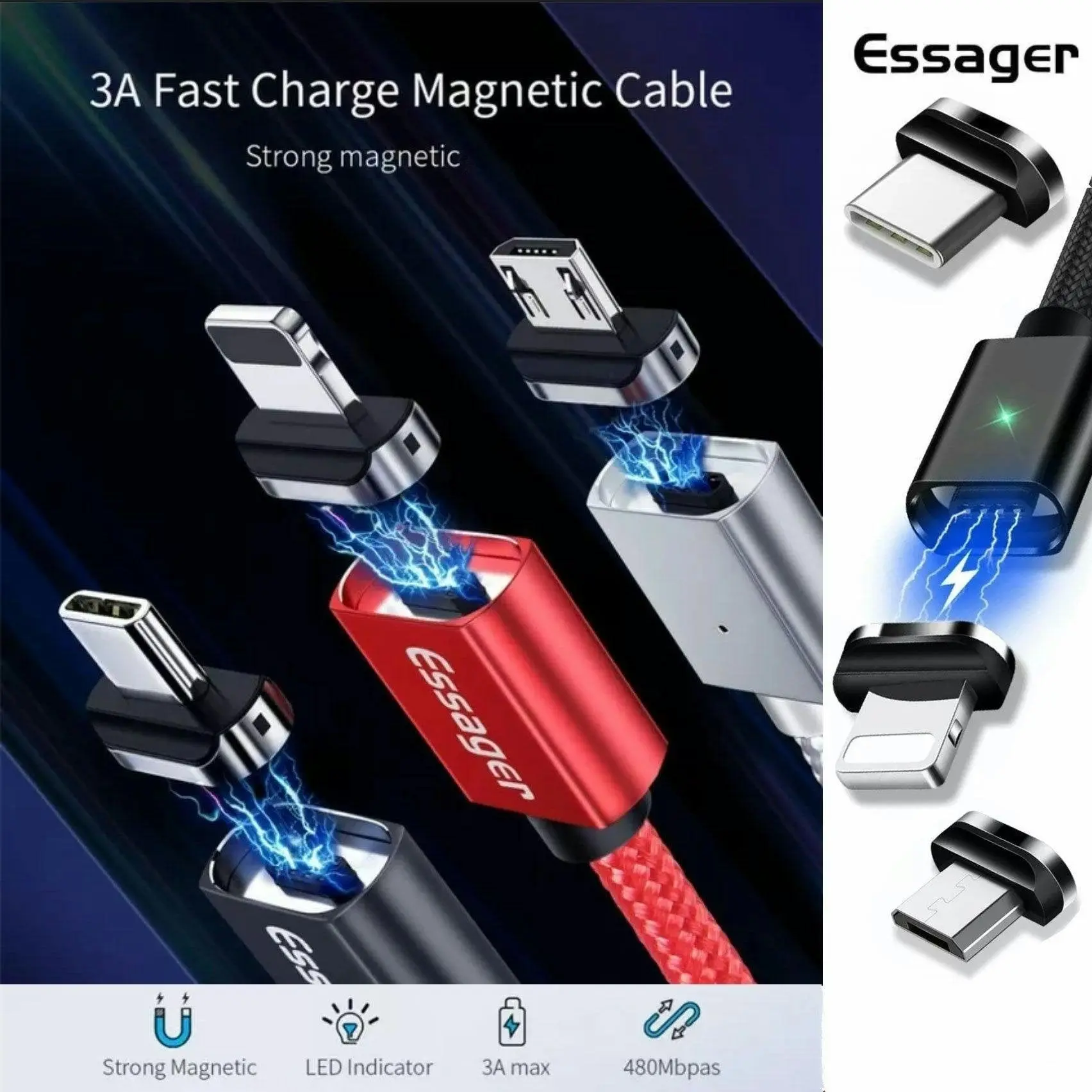 Red Essager Magnetic Fast Charging Data USB Cable for iPhone