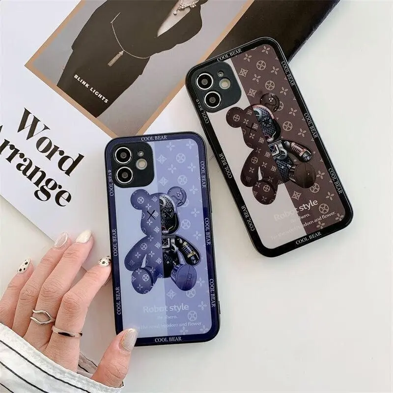 For iPhone 13 Pro Max 12 11XS XR Luxury Cool Bear Shockproof Glass Case Purple