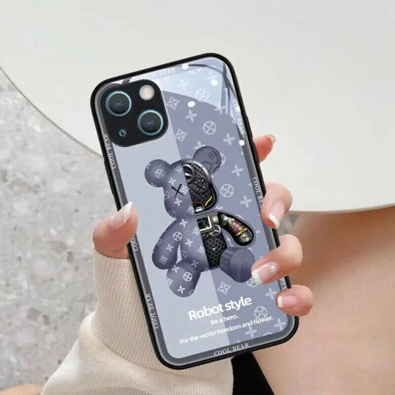 For iPhone 13 Pro Max 12 11XS XR Luxury Cool Bear Shockproof Glass Case Purple