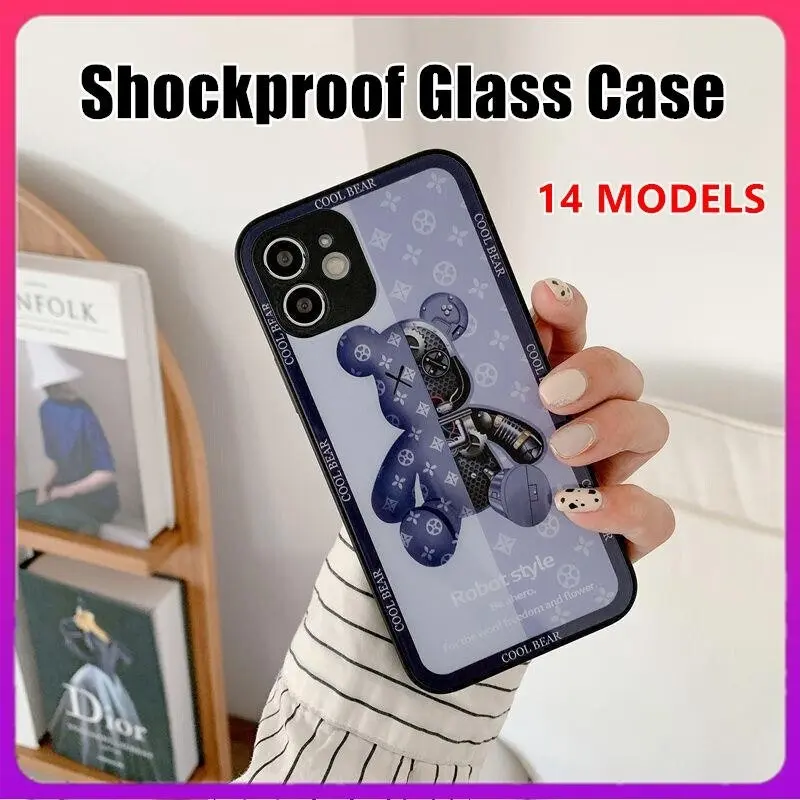 For iPhone 13 Pro Max 12 11XS XR Luxury Cool Bear Shockproof Glass Case Purple