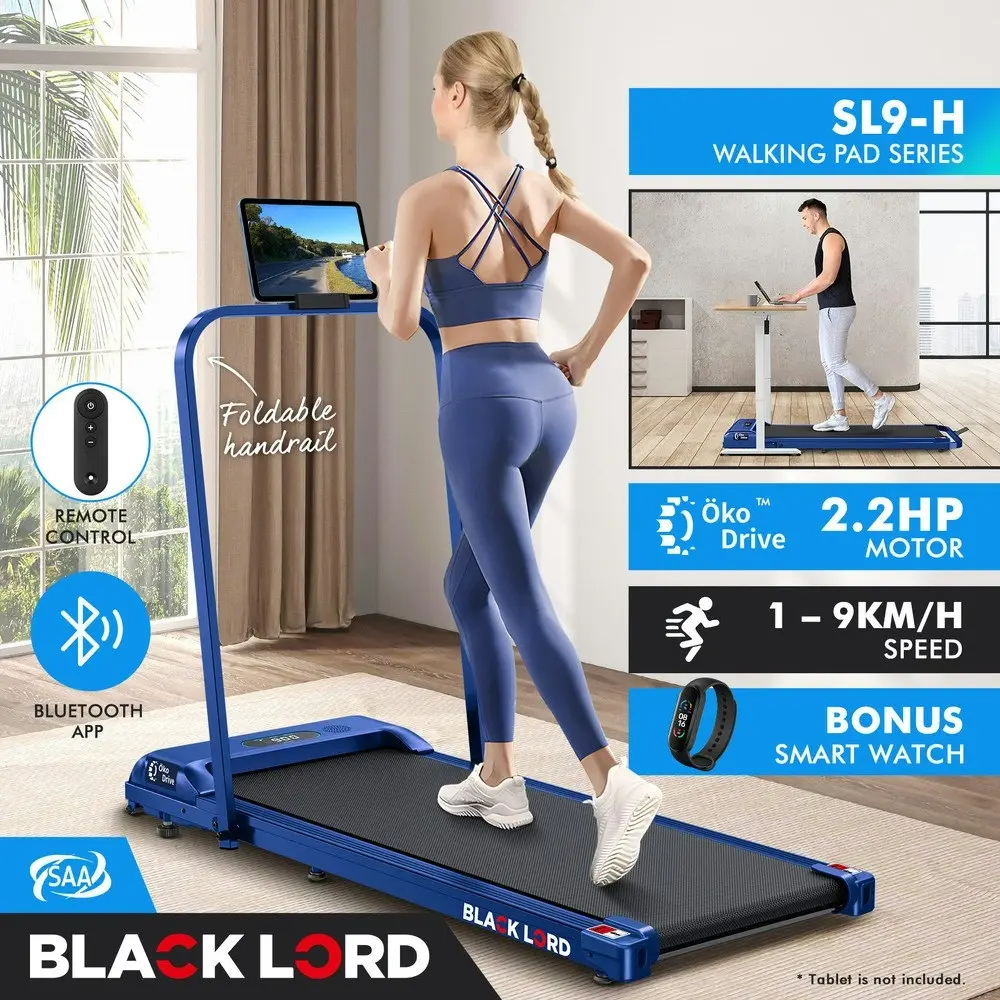 Black Lord Treadmill Electric Walking Pad Home Fitness Foldable Blue w/ Smart Watch