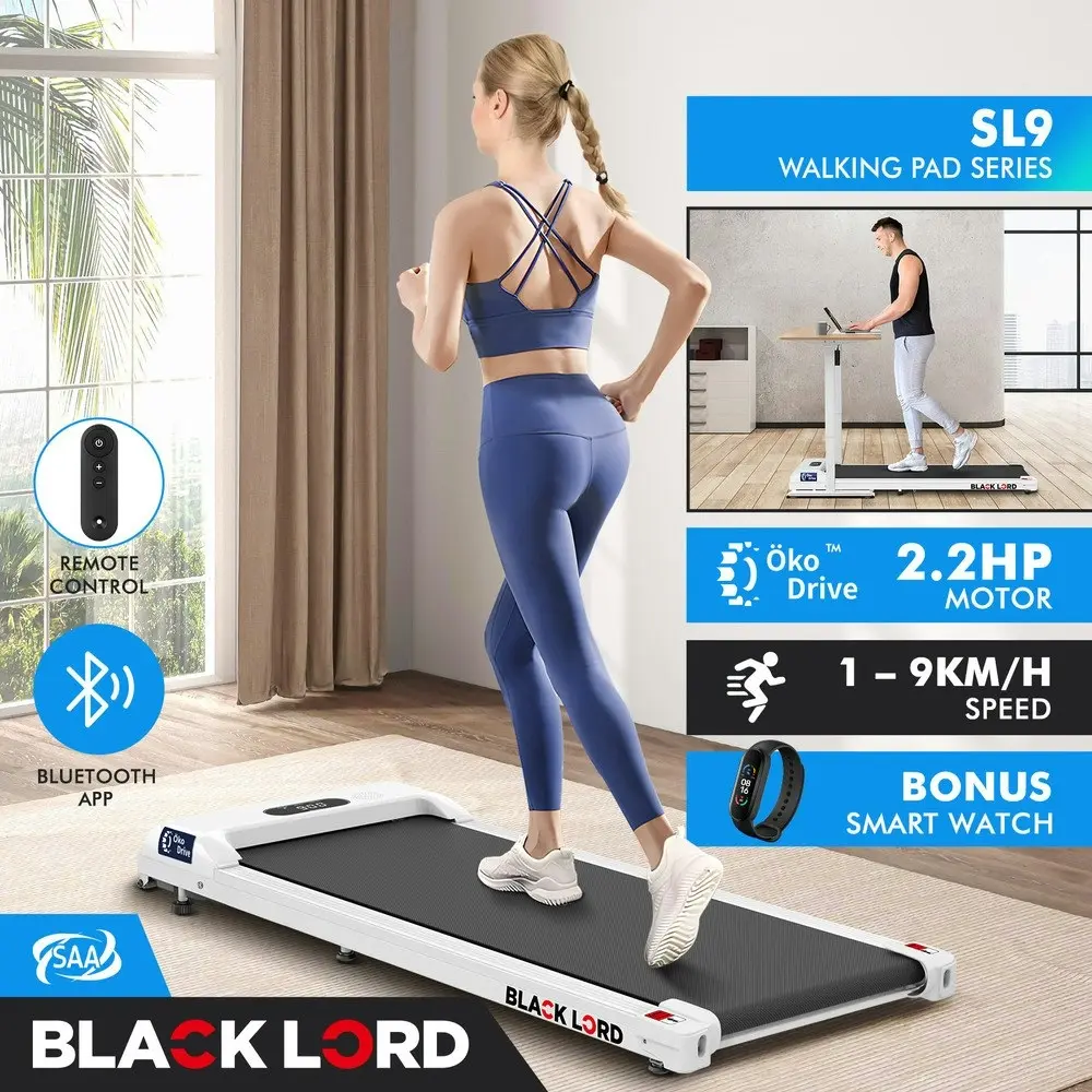 Black Lord Treadmill Electric Walking Pad Home Office Gym Fitness White w/ Smart Watch