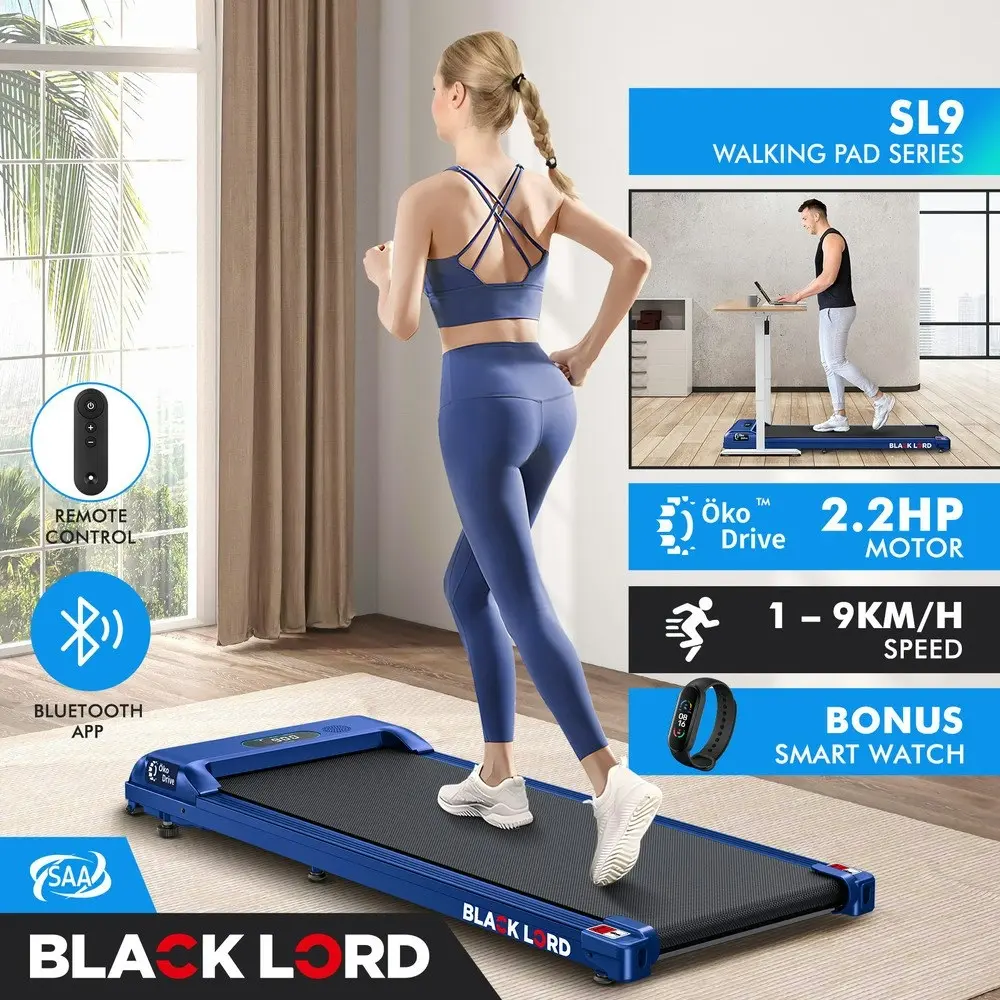 Black Lord Treadmill Electric Walking Pad Home Office Gym Fitness Blue w/ Smart Watch