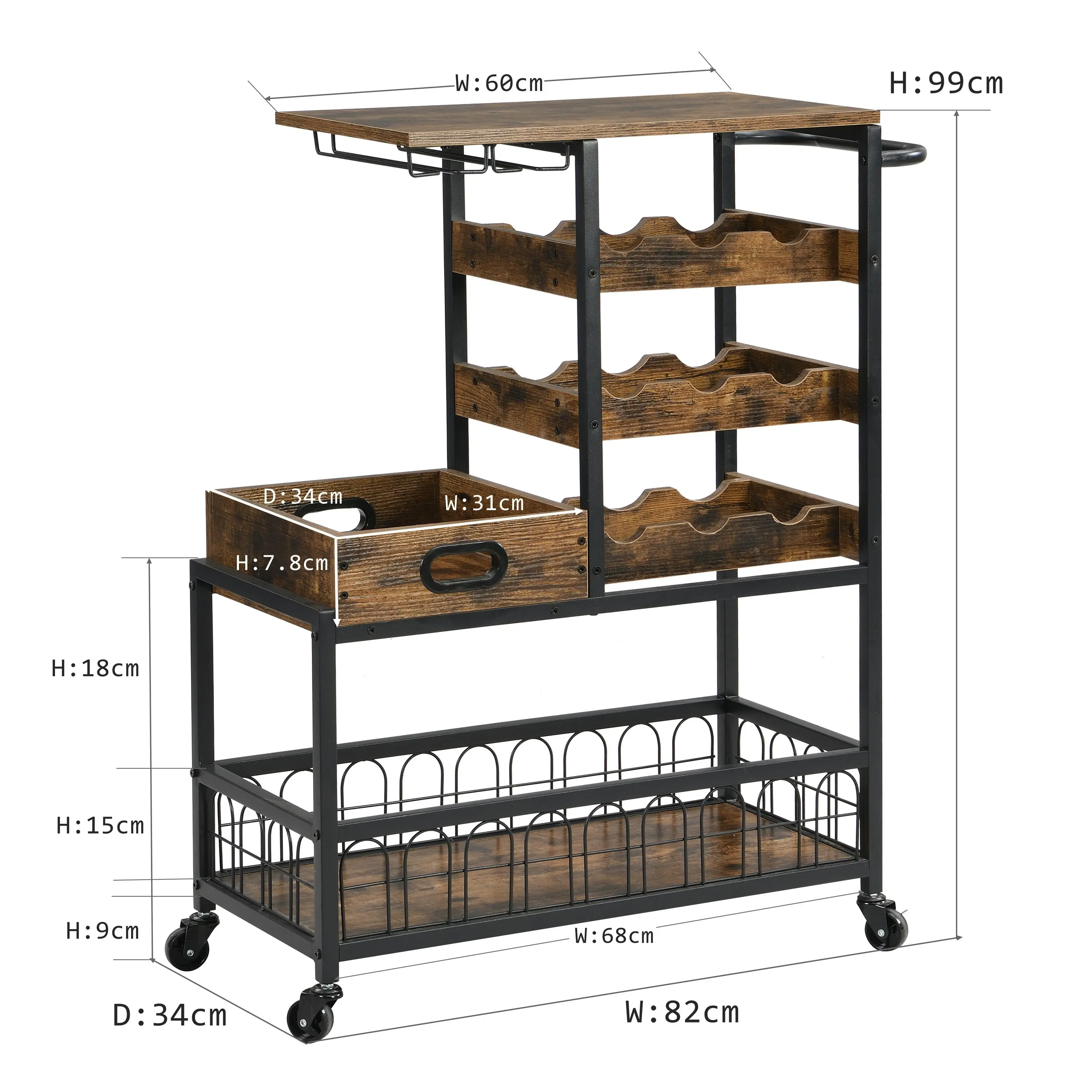 IHOMDEC Bar Cart on Wheels with Wine Rack and Glass Holder, Removable Wood Tray Rustic Brown