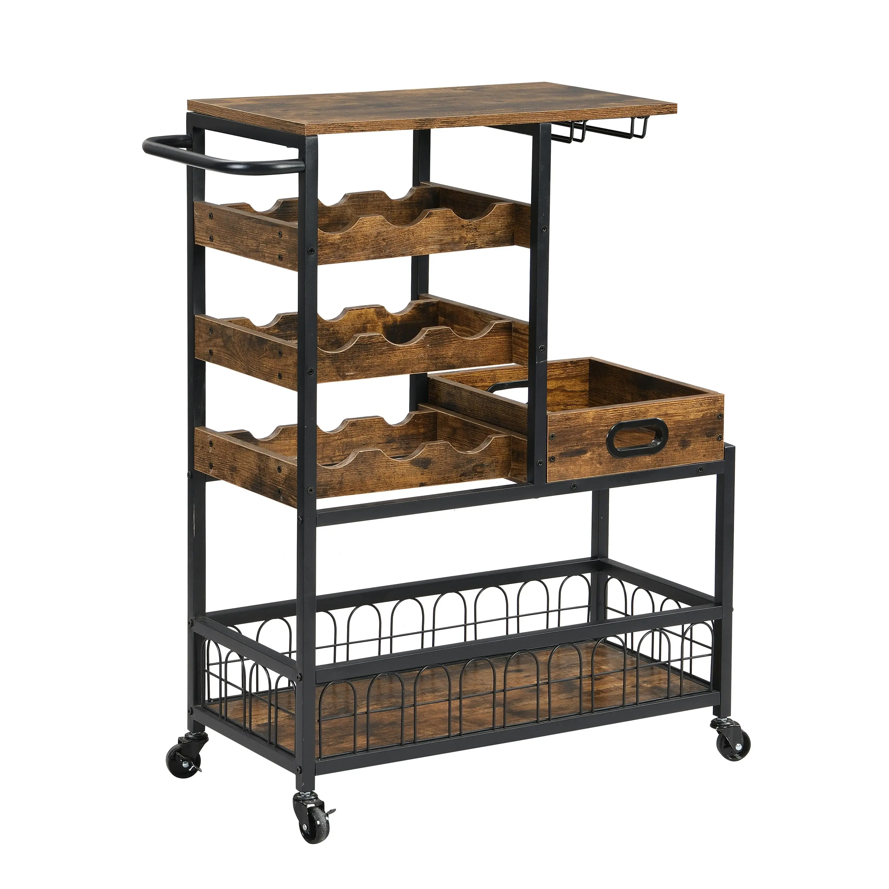 IHOMDEC Bar Cart on Wheels with Wine Rack and Glass Holder, Removable Wood Tray Rustic Brown