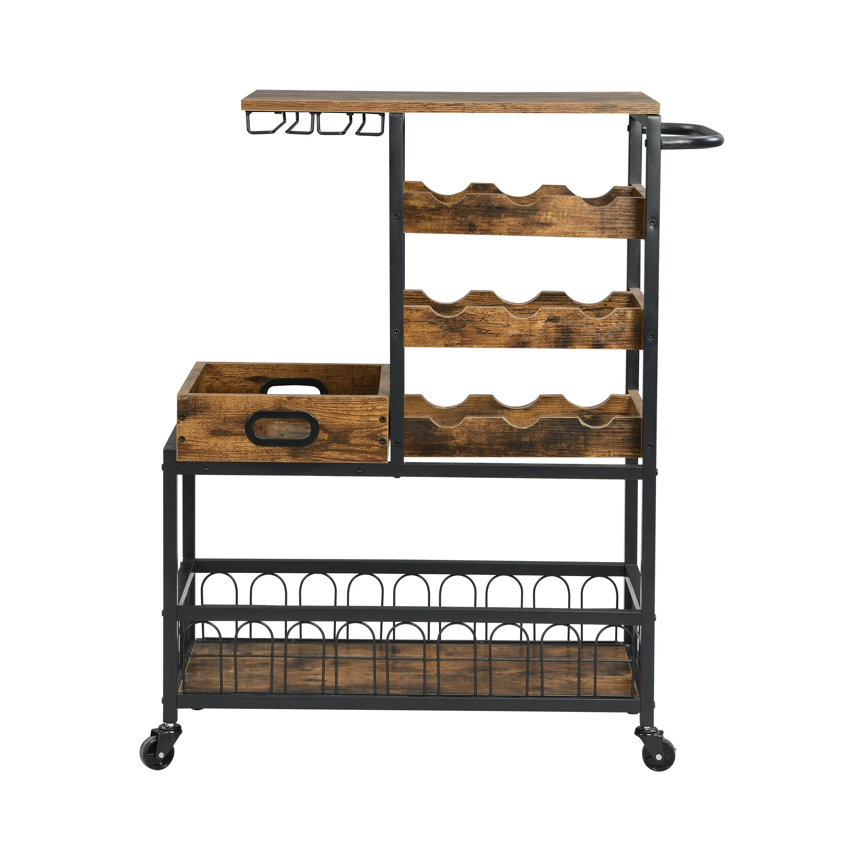 IHOMDEC Bar Cart on Wheels with Wine Rack and Glass Holder, Removable Wood Tray Rustic Brown