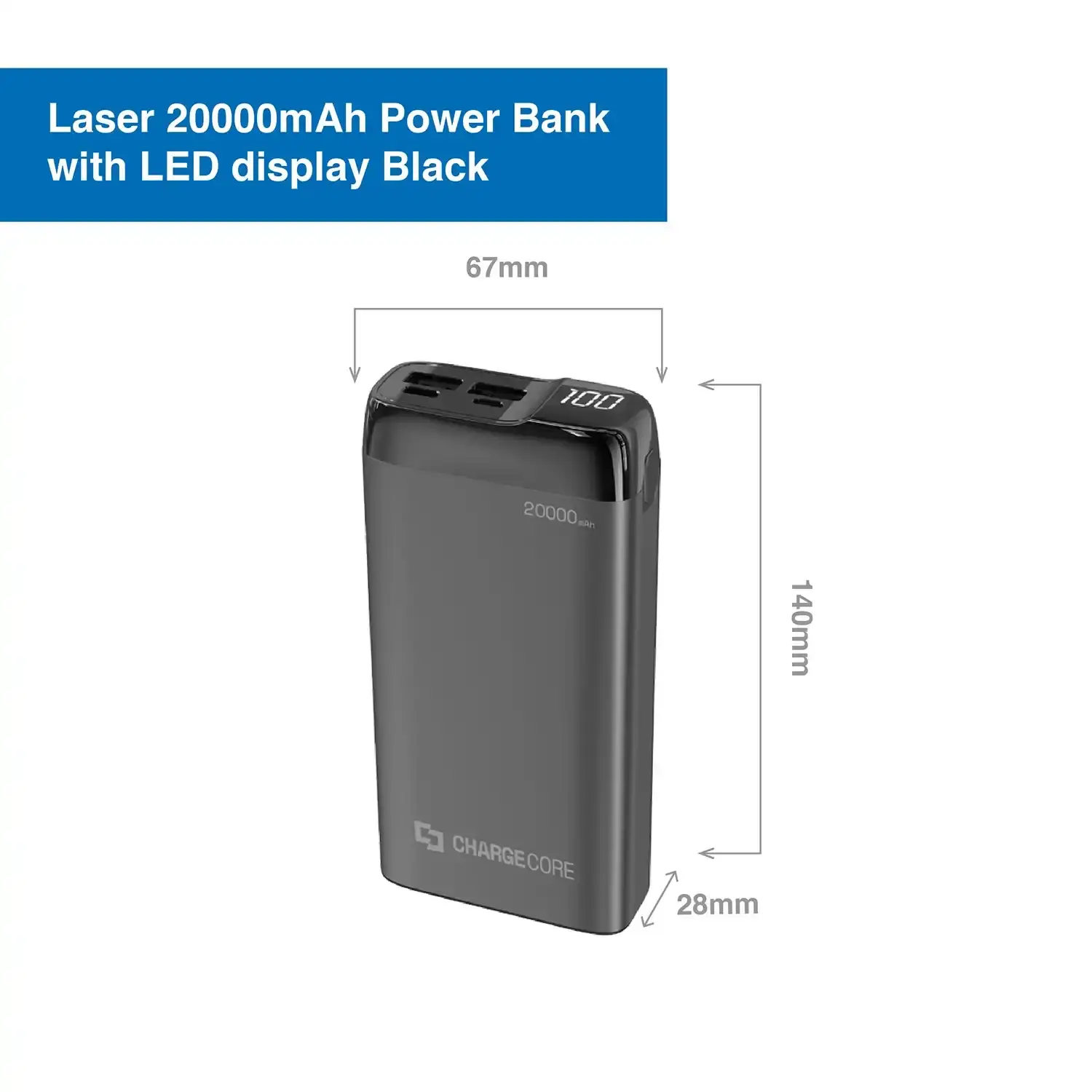 Laser Power Bank 20,000mAh 18W Dual USB Type-C Powerbank Black Fast Charge