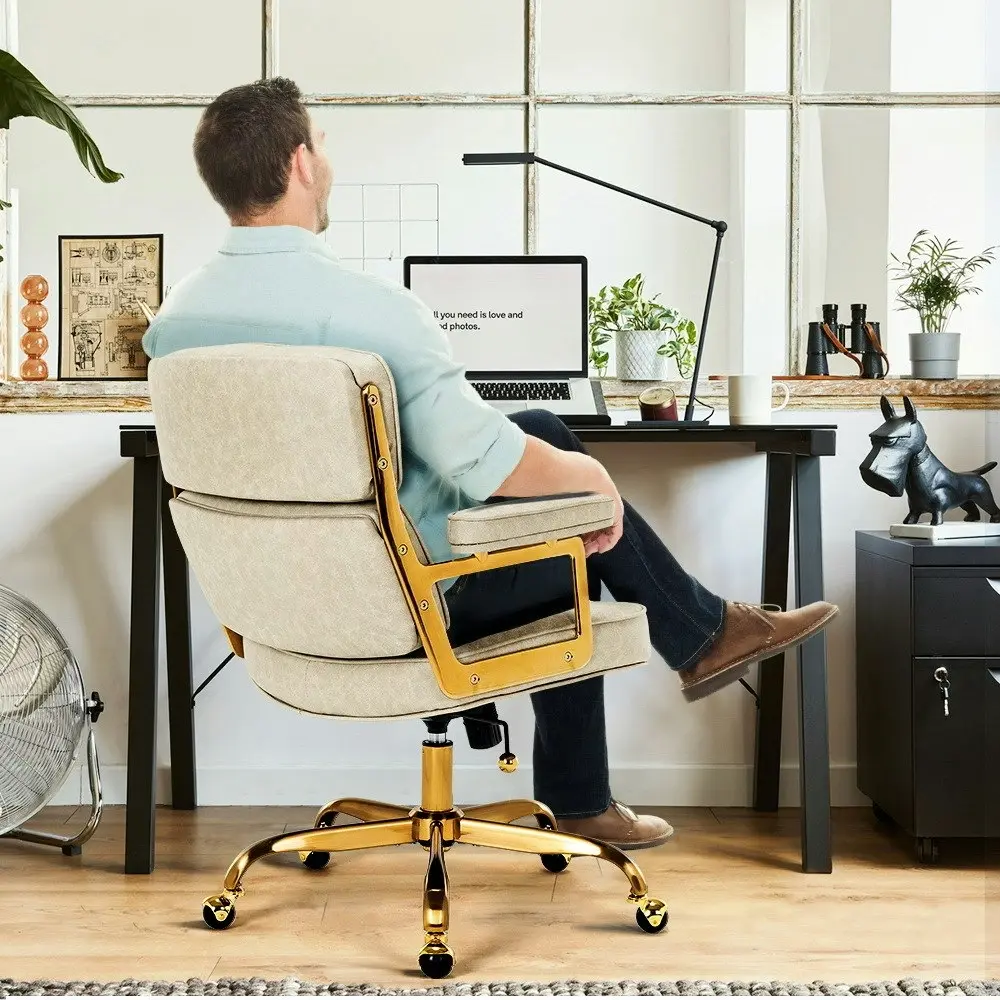 Furb Executive Lobby Office Chair Mid-Back PU Leather Thick Pad Gold Alabaster