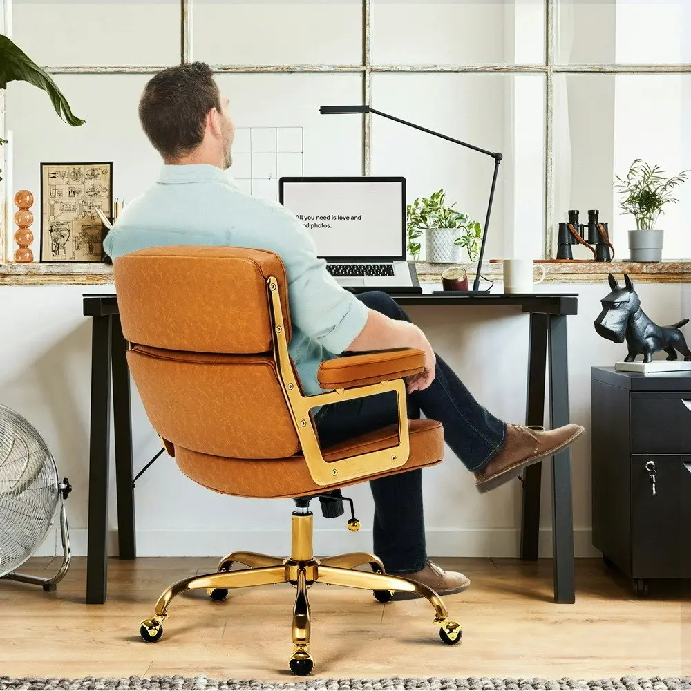 Furb Executive Lobby Office Chair Mid-Back PU Leather Thick Pad Gold Tan